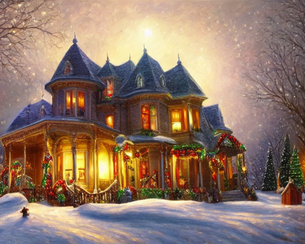 Victorian-style house with Christmas lights in snowy evening scene