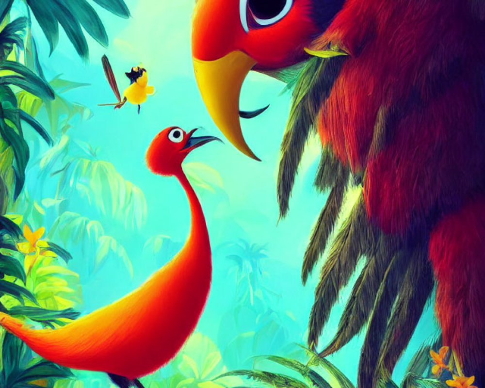 Colorful Tropical Jungle Scene with Red and Orange Birds