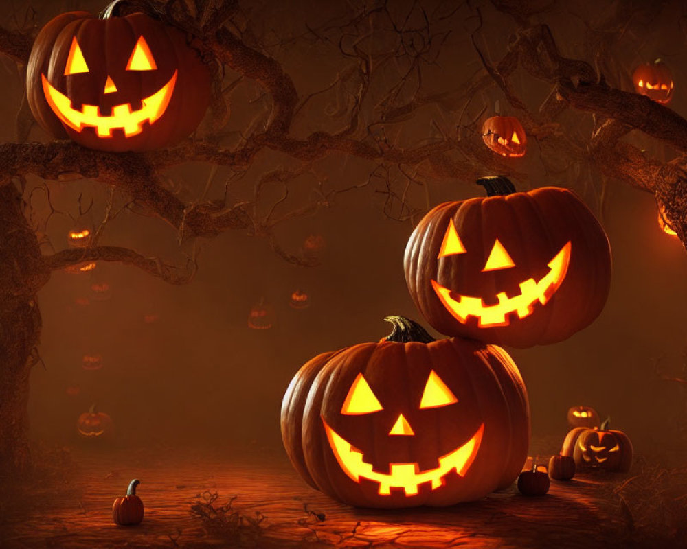 Glowing Jack-o'-lanterns on eerie Halloween backdrop