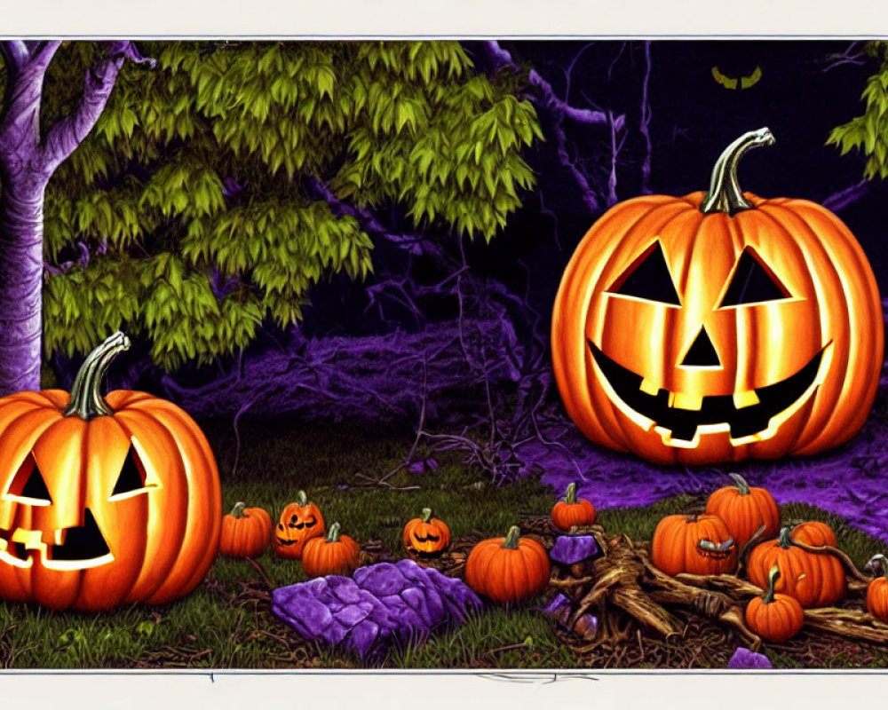 Glowing jack-o'-lanterns in spooky nighttime scene with bare tree and pumpkins