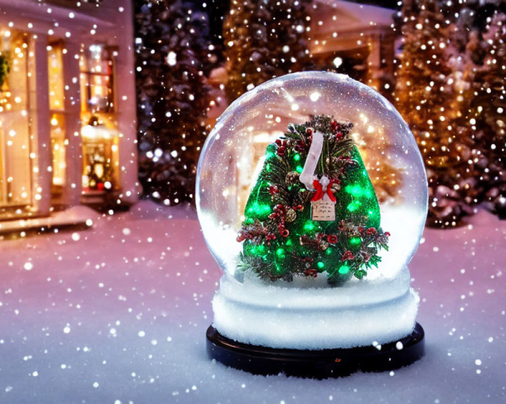 Snow globe with Christmas tree in snowy scene