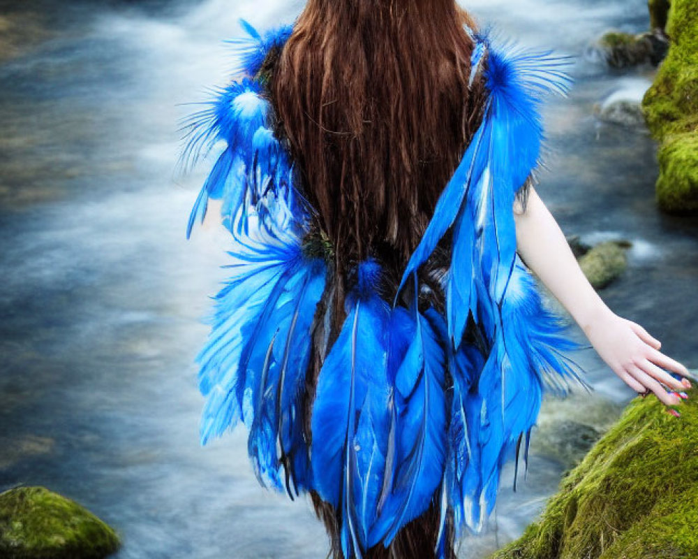 Person with Red Hair in Blue Feathered Costume Standing in Stream