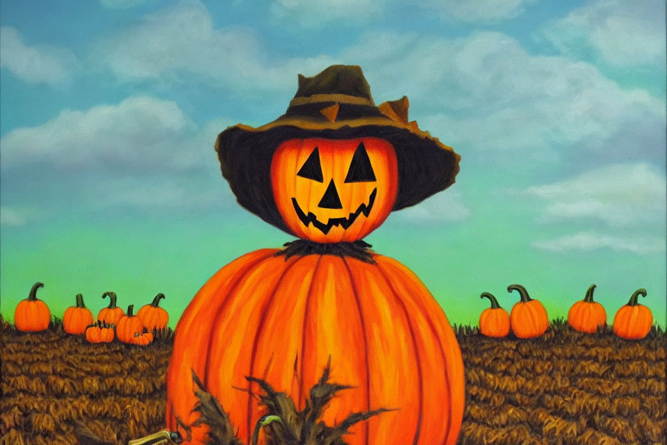 Colorful painting of pumpkin-headed scarecrow in field with pumpkins under cloudy sky