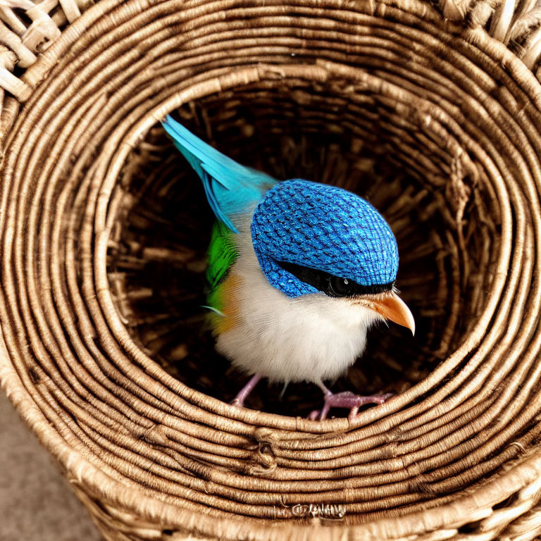 Colorful bird with blue head and green wings in wicker basket