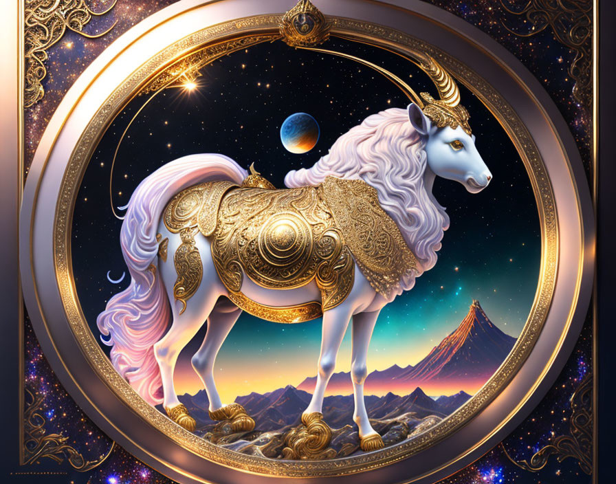 Detailed white unicorn illustration with golden armor in cosmic setting.