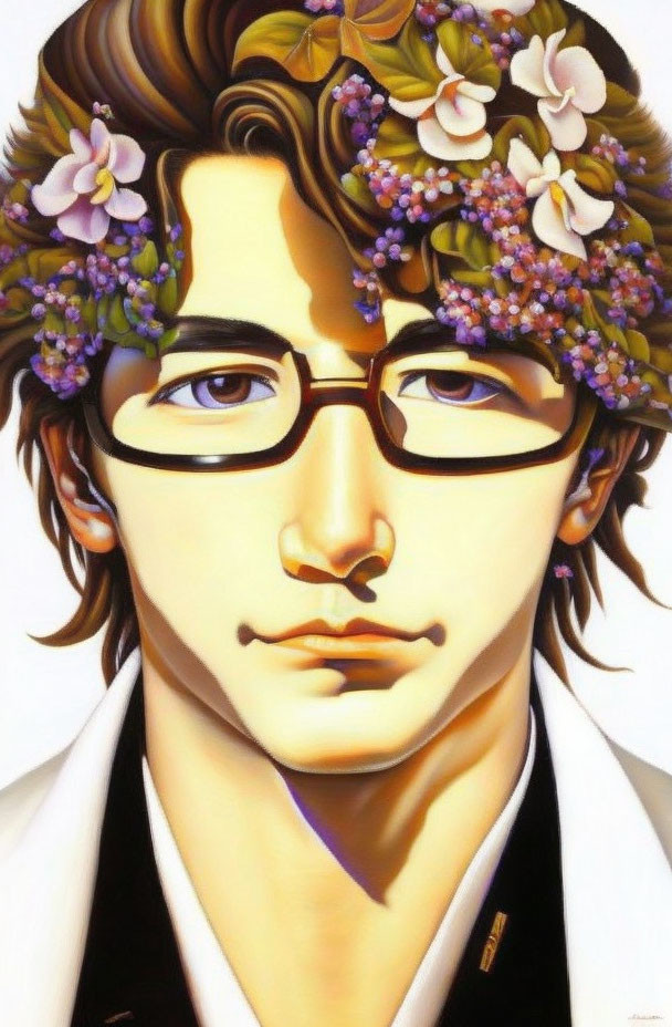 Person with Glasses and Floral Crown: Attentive Eyes, Styled Hair, Muted Background