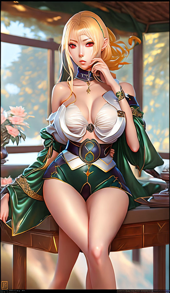 Blond-haired female character in green and white fantasy outfit in serene setting