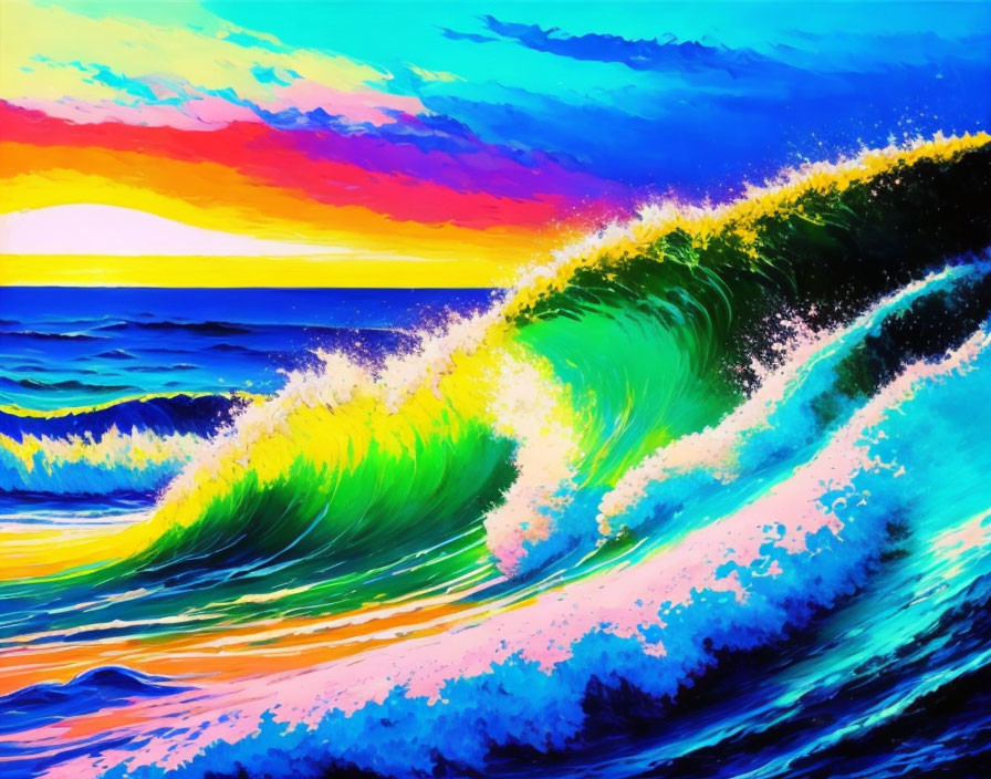 Colorful Wave Painting with Sunset Background in Blue, Green, Yellow, Pink