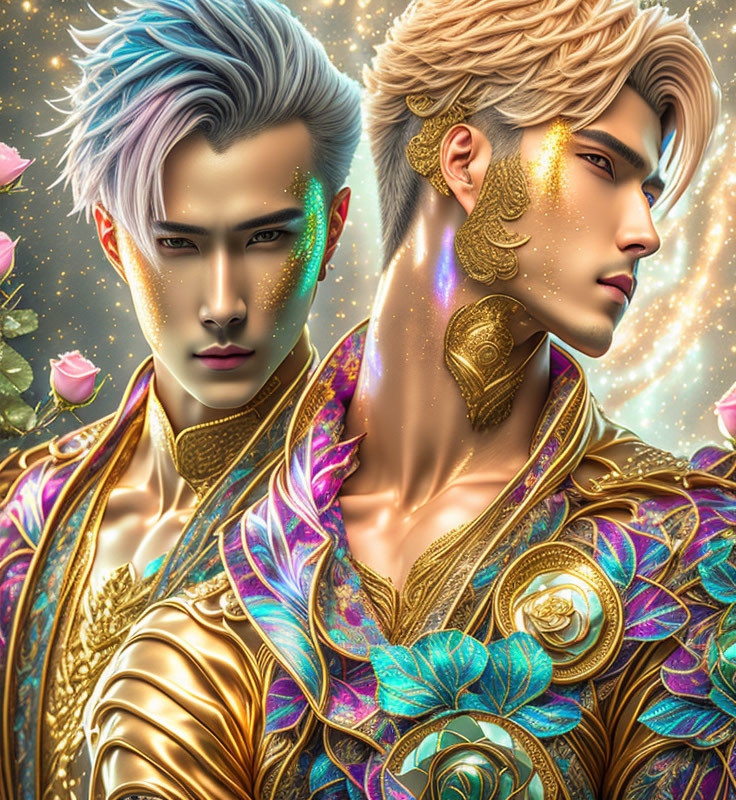 Stylized men in golden attire with floral motifs - Fantasy elegance