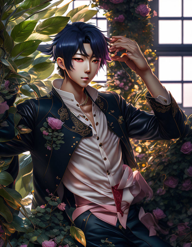 Blue-Haired Male Character in Navy and Gold Outfit Surrounded by Greenery and Roses