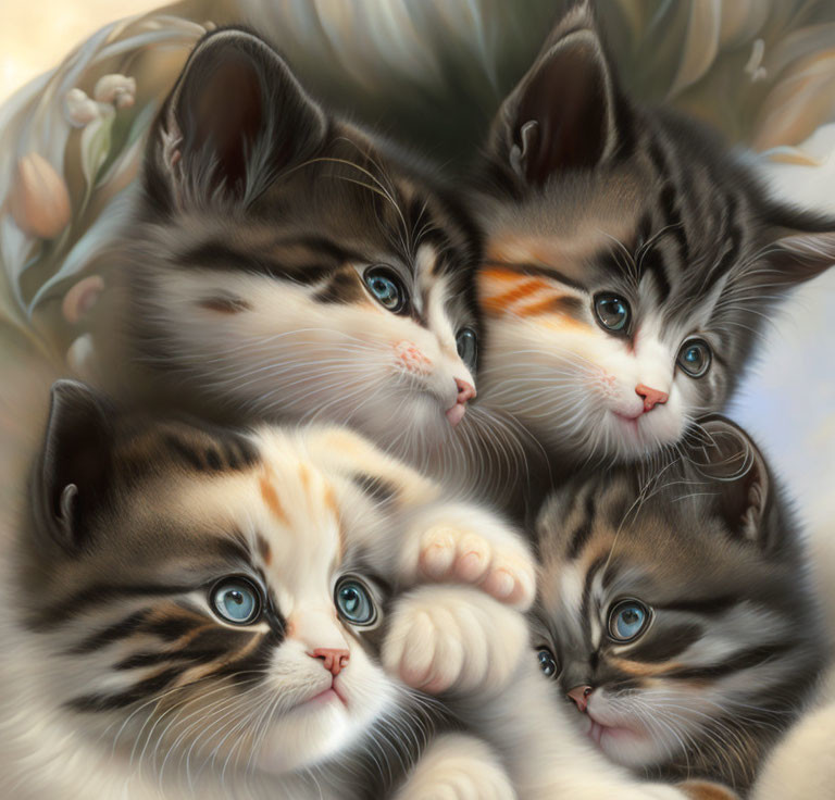 Four fluffy kittens with striking blue eyes in tabby and calico patterns