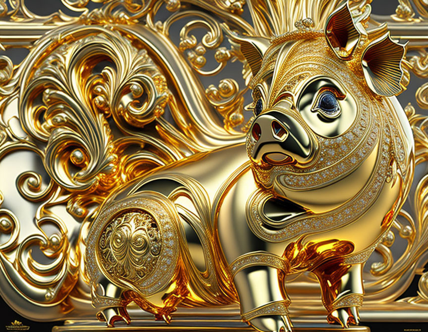 Golden Pig Sculpture with Baroque-style Ornate Patterns