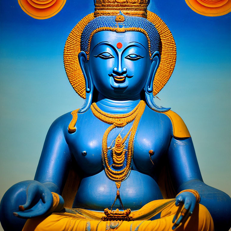 Colorful Four-Faced Deity Statue in Meditative Pose