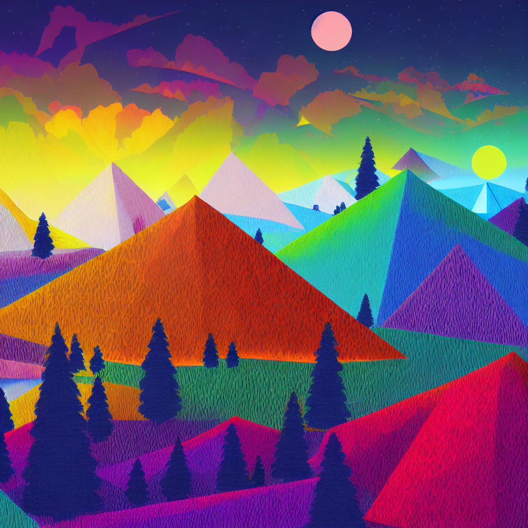 Colorful Geometric Mountains Under Purple Sky with Celestial Bodies and Trees