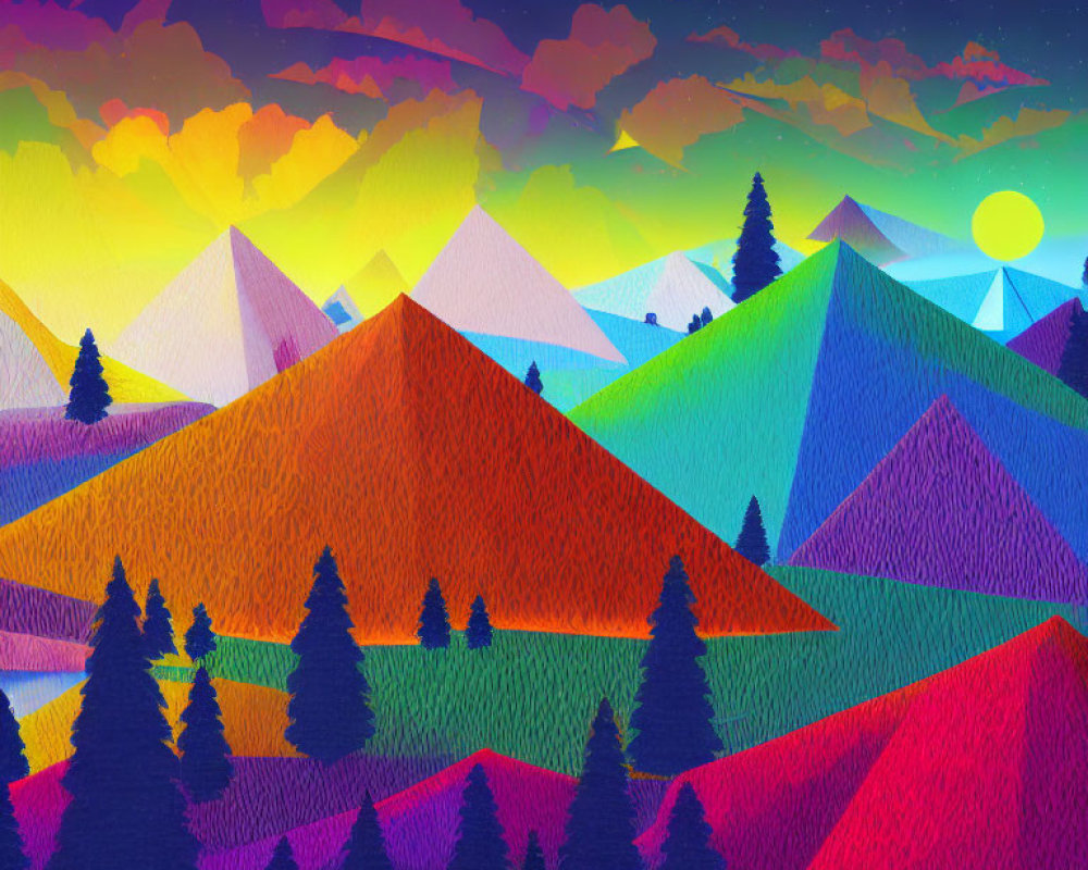 Colorful Geometric Mountains Under Purple Sky with Celestial Bodies and Trees