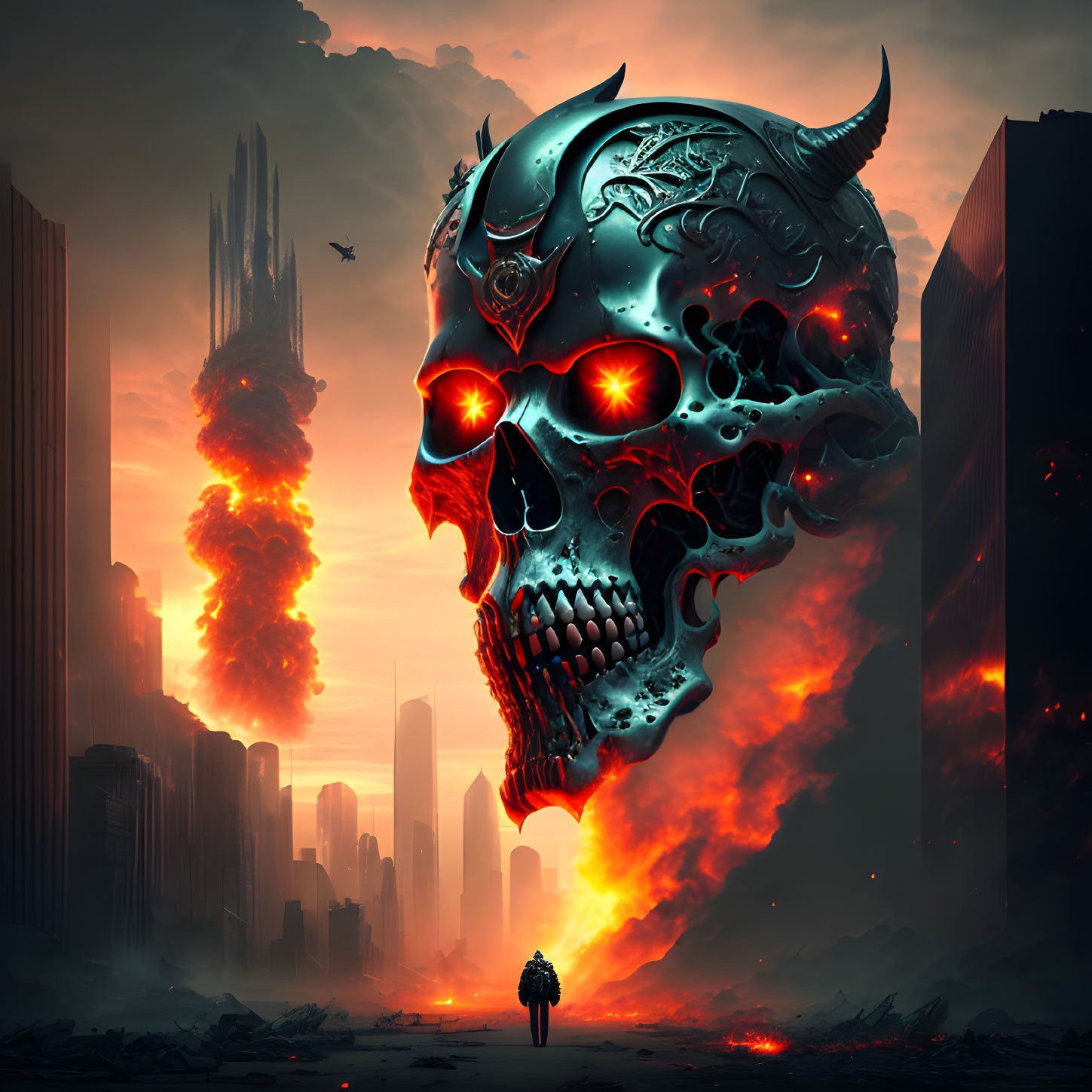 Dystopian cityscape with giant flaming skull and lone figure in futuristic setting