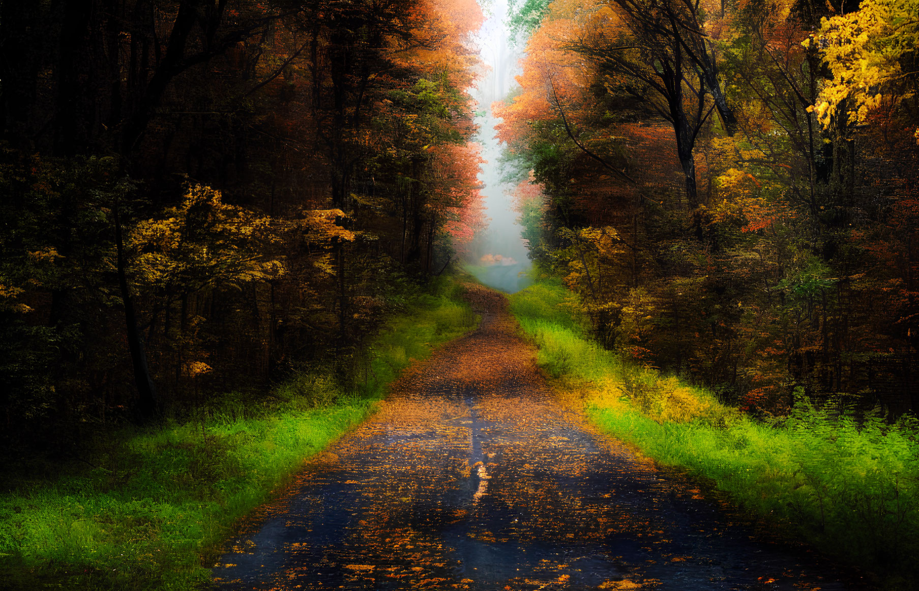 Tranquil Autumn Forest Path with Mist and Colorful Leaves