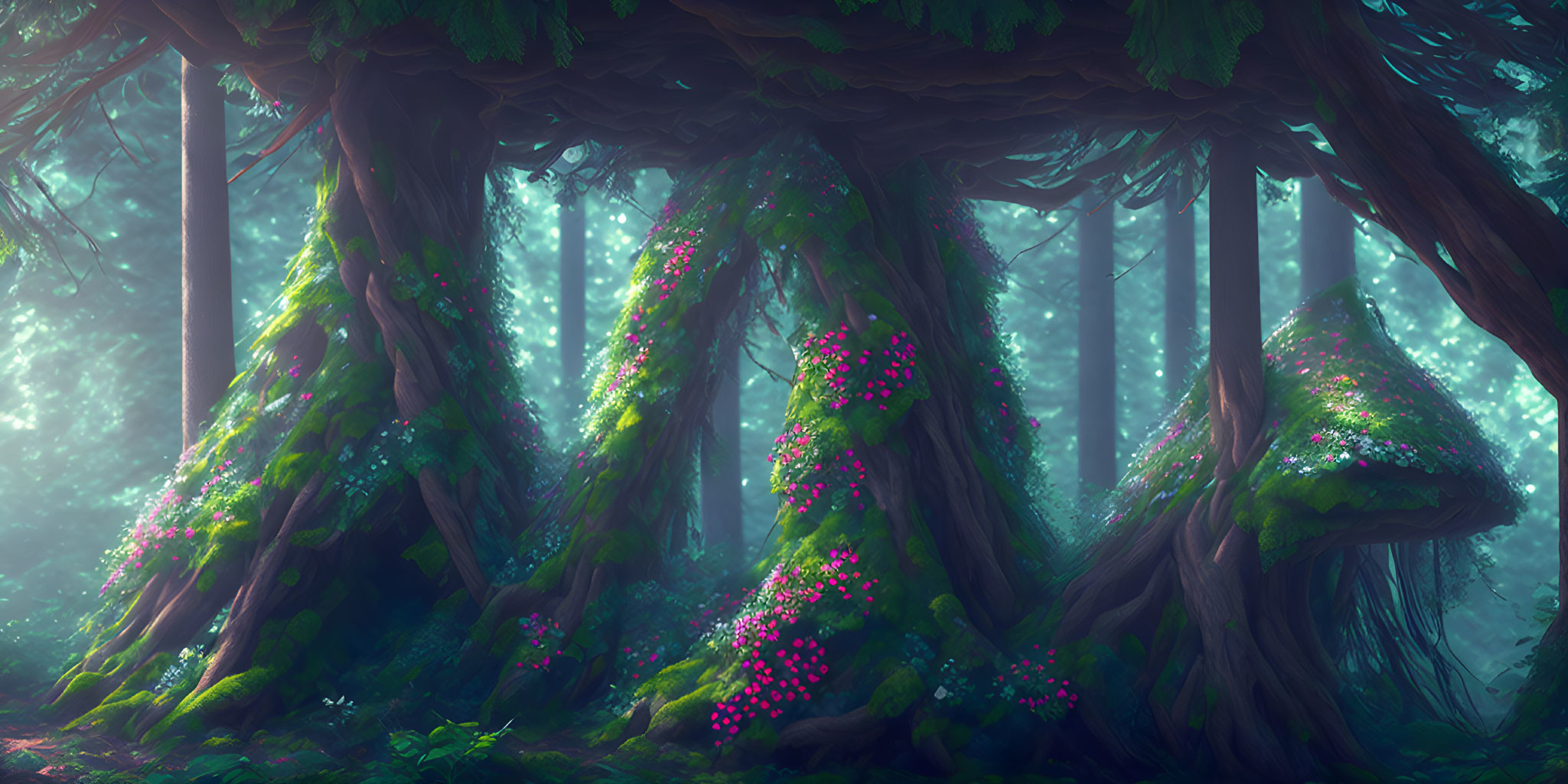 Moss-covered trees and pink flowers in mystical forest scene