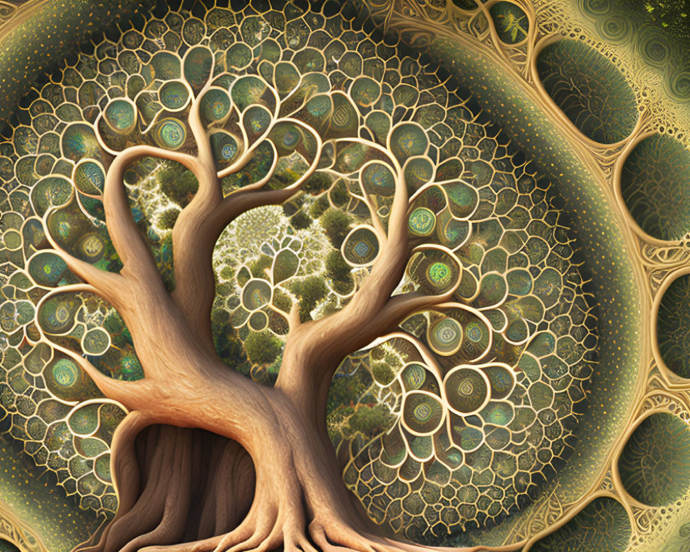 Detailed Fractal Art: Stylized Tree with Mandala Background