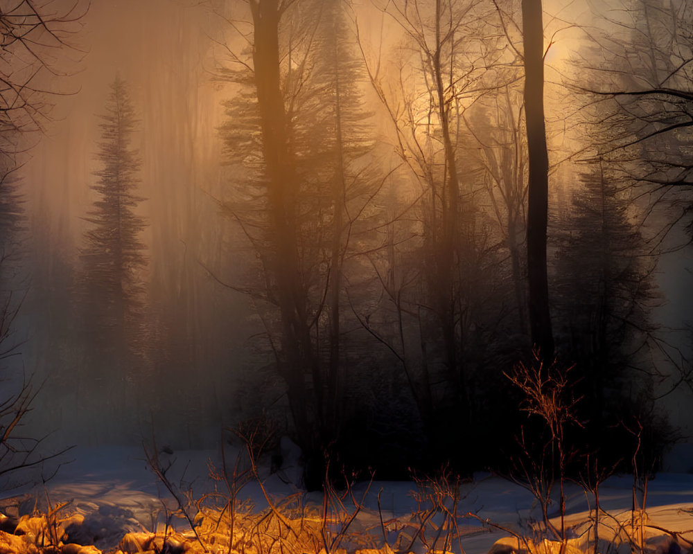 Snow-covered forest at dusk with mist and sunlight filtering through trees