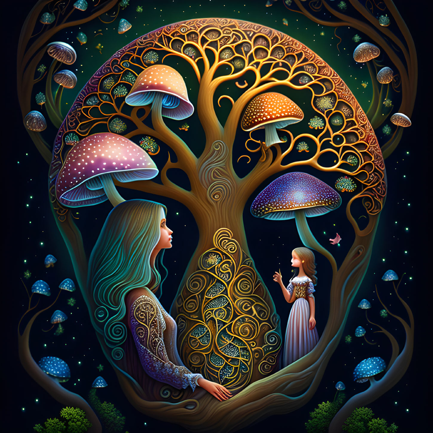 Illustration of glowing mushroom tree with woman and girl under stars