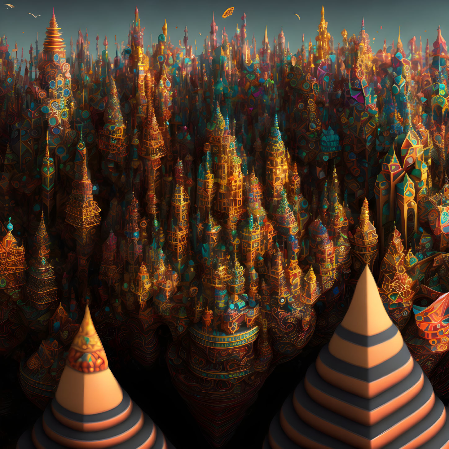 colorful ancient sierpinsky fractal city
