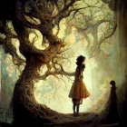 Person in dress under eerie tree in mystical forest with golden haze
