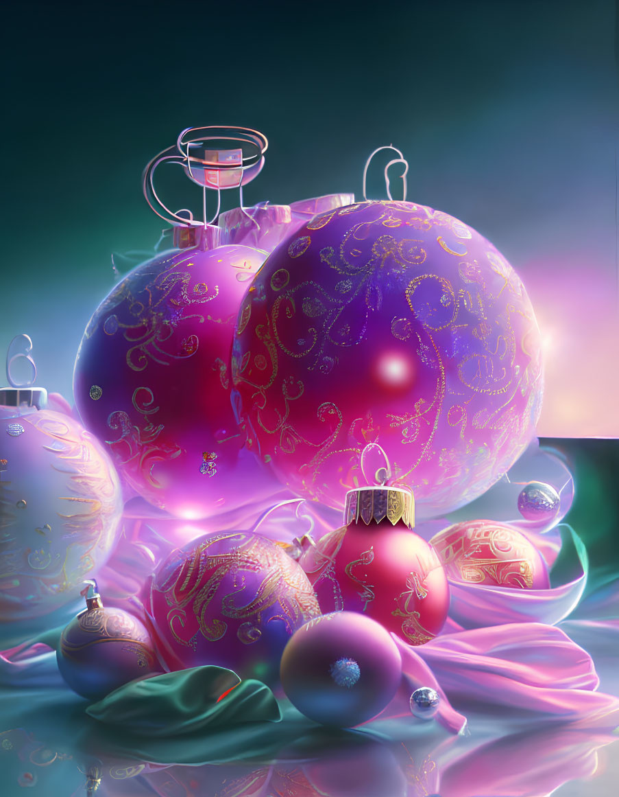 Ornate Christmas baubles in purples and pinks on teal backdrop