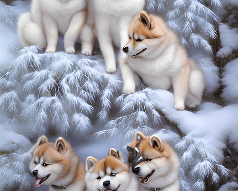 Six Fluffy Husky Puppies in Snowy Setting with Icy Branches