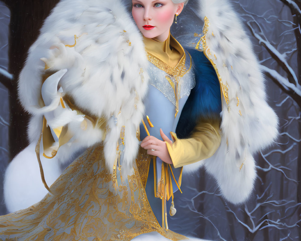 Luxurious White Fur Cloak with Gold Embroidery on Elegant Woman