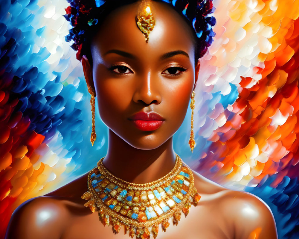 Digital portrait of woman with ornate gold jewelry on vibrant flame-like background