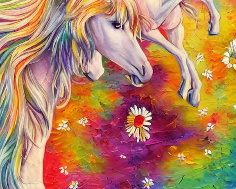 Vibrant mythical unicorns with rainbow manes in colorful floral scene