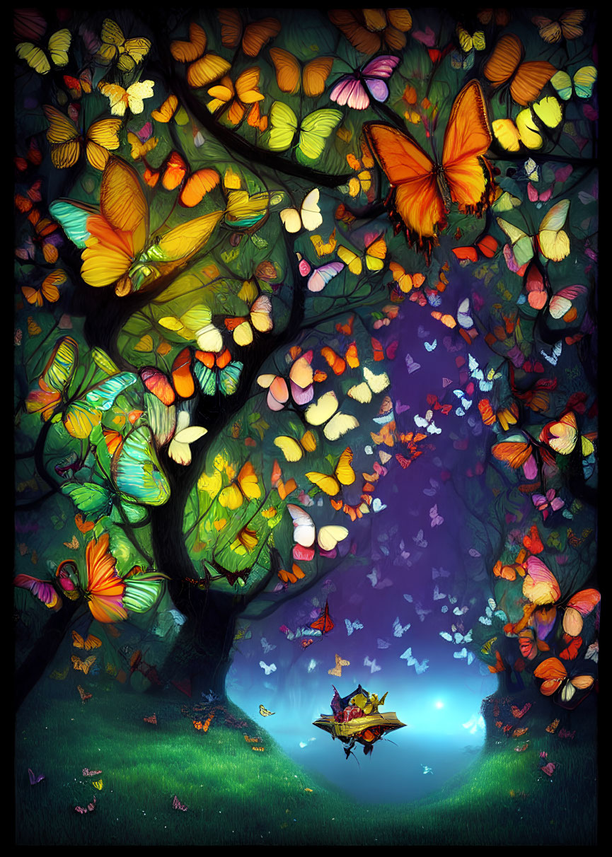 Colorful butterflies surround glowing boat in dark forest