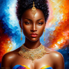 Digital portrait of woman with ornate gold jewelry on vibrant flame-like background