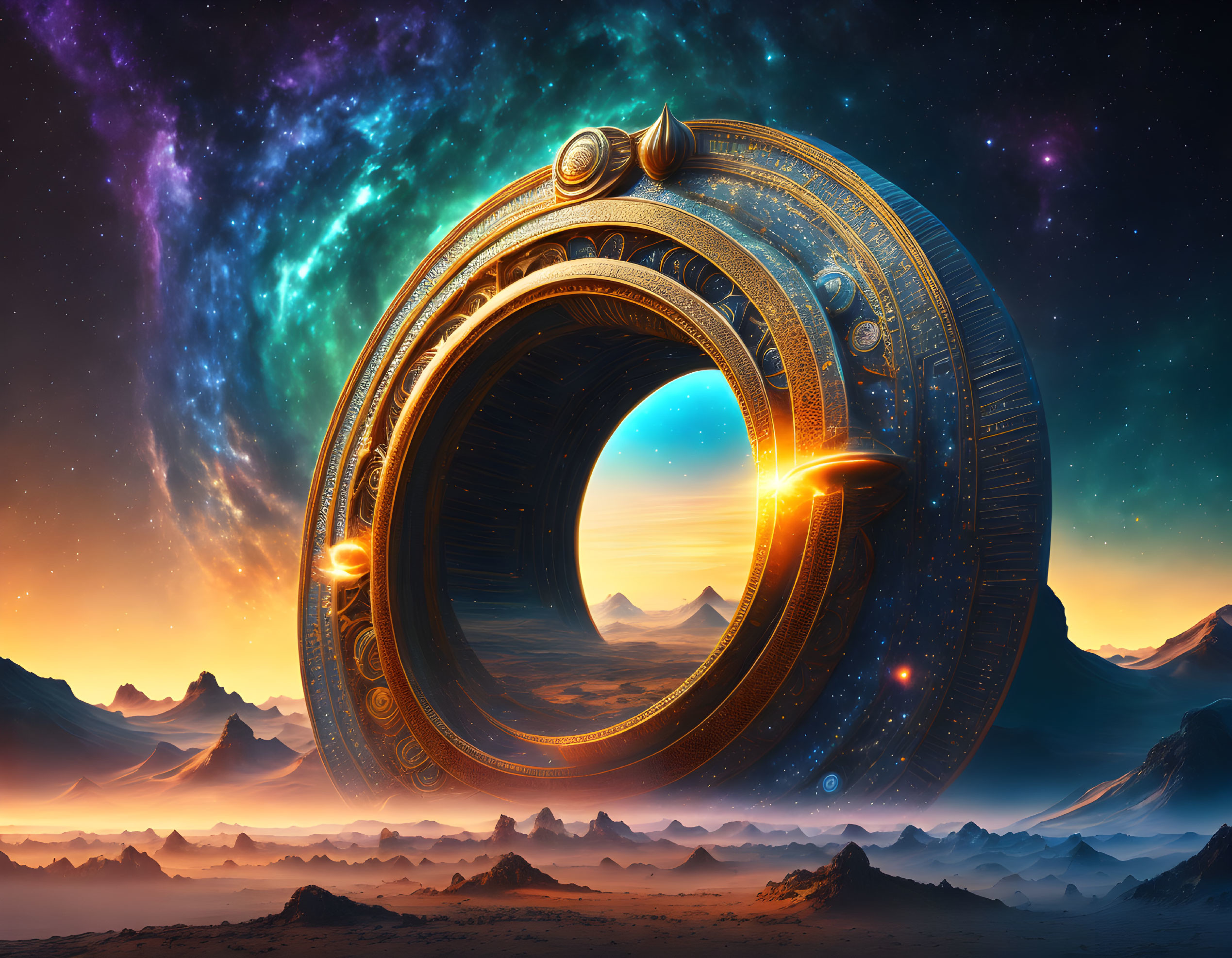 Ancient circular portal with intricate patterns in surreal landscape.
