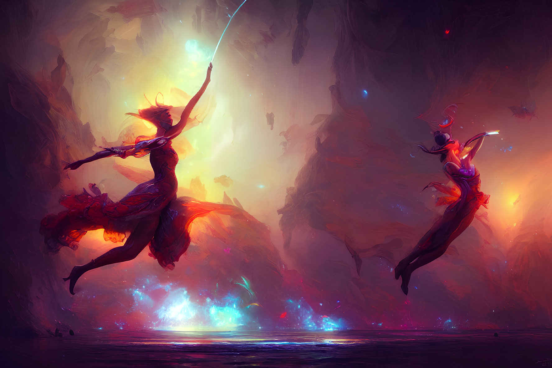 Ethereal figures dancing in glowing cave atmosphere