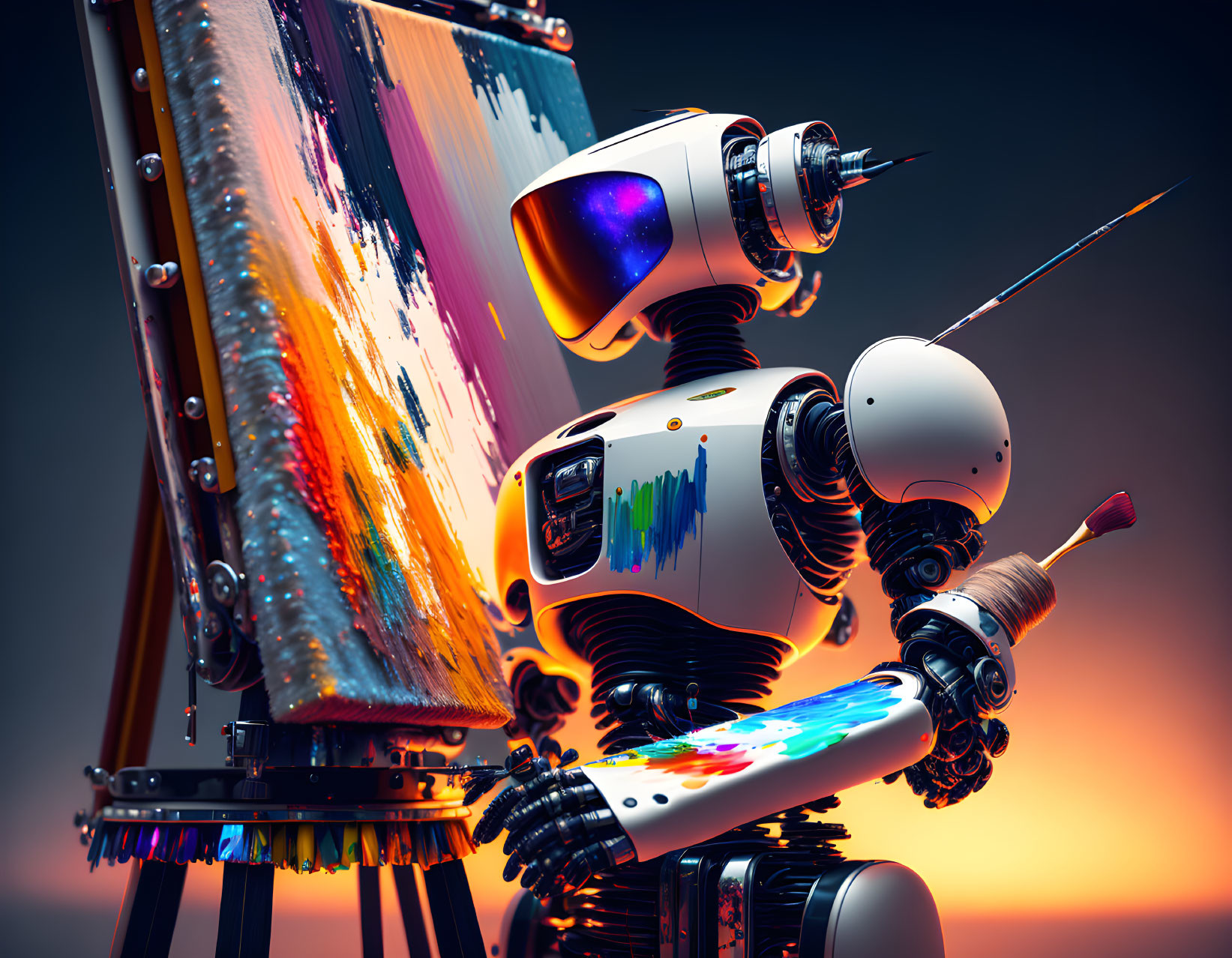 Robot painting colorful strokes on canvas against warm backdrop