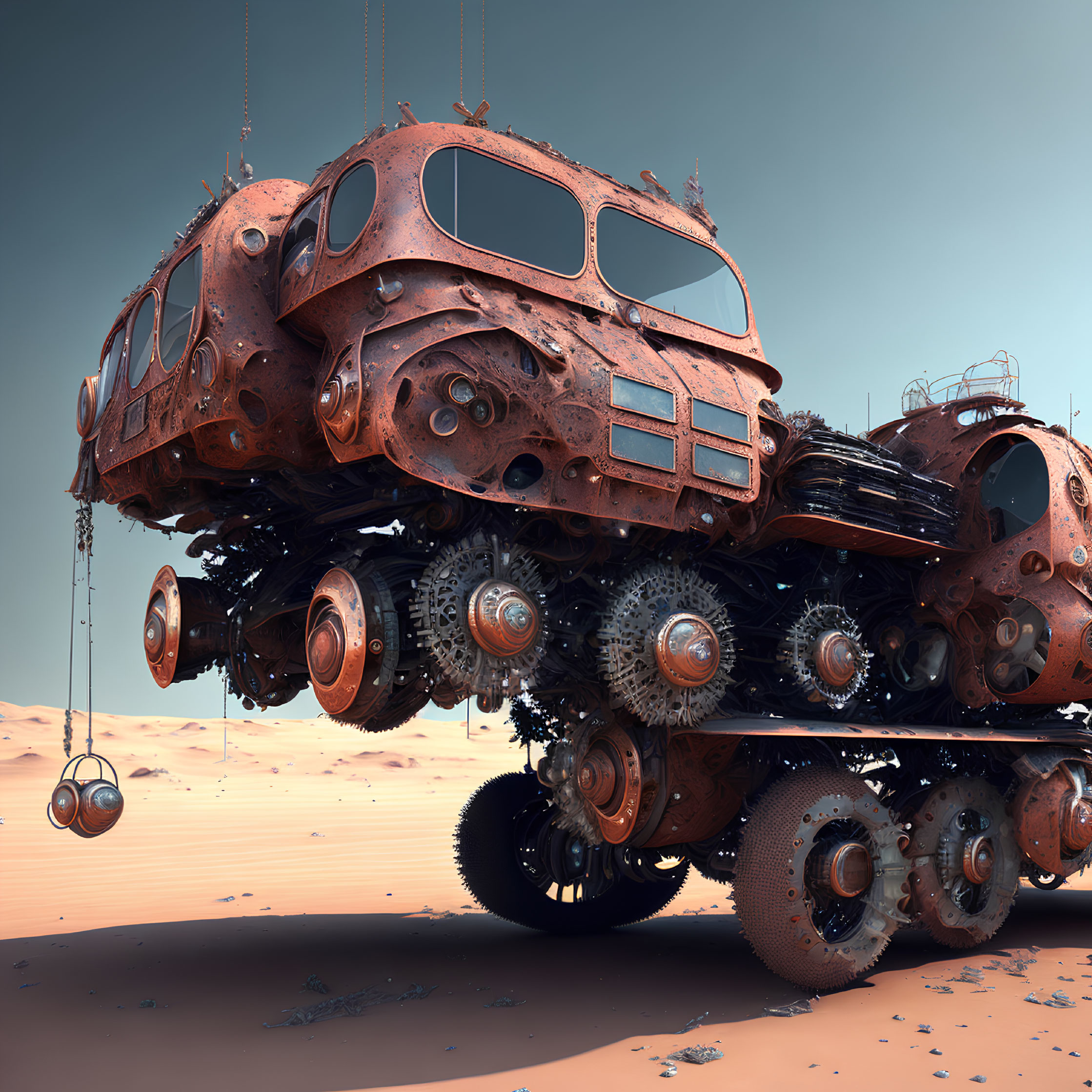 Rusty, multi-wheeled vehicle in barren desert landscape.