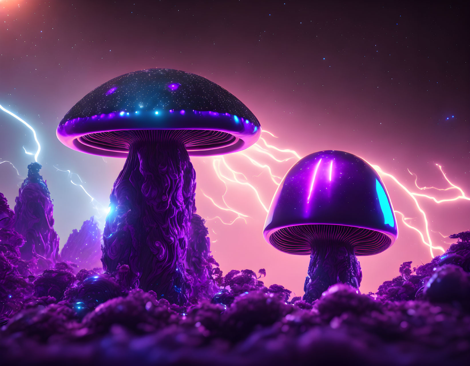 Fantasy Landscape with Giant Luminescent Mushrooms and Purple Lightning