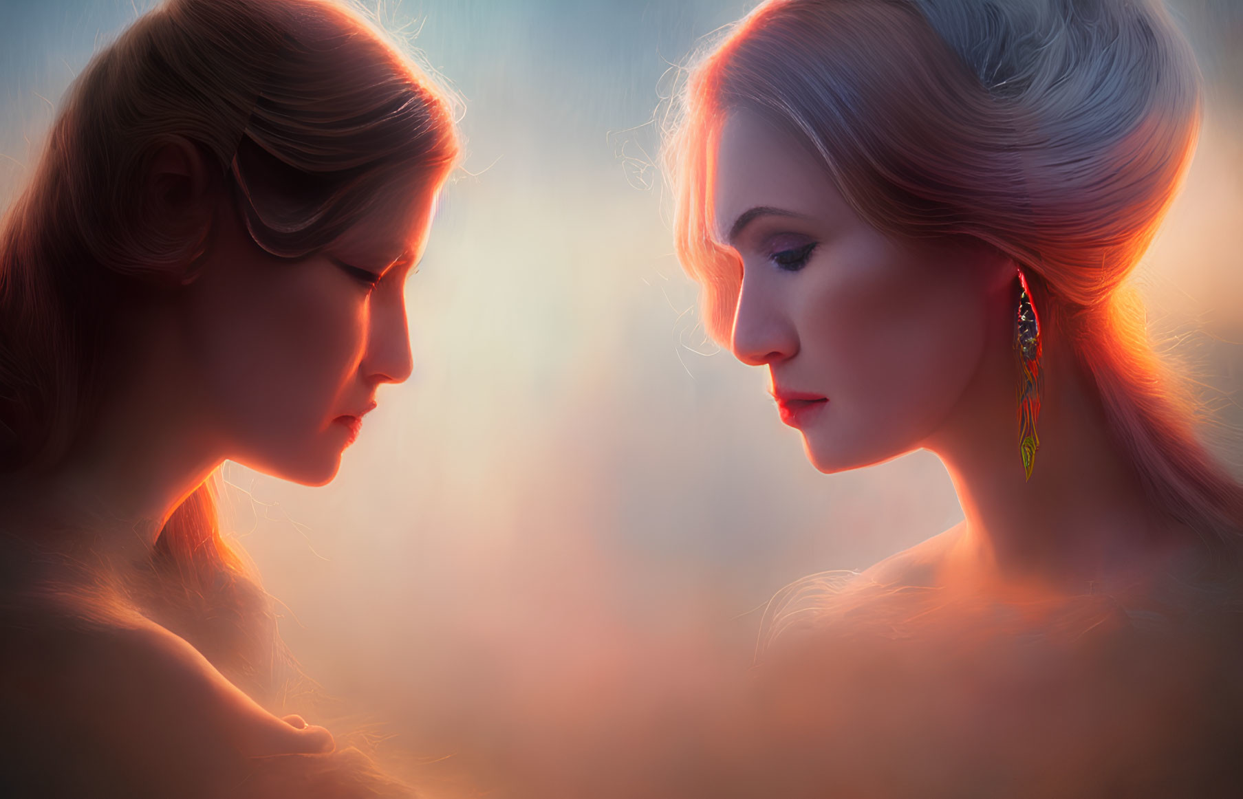 Two women in profile under soft, warm glow, one with intricate earring