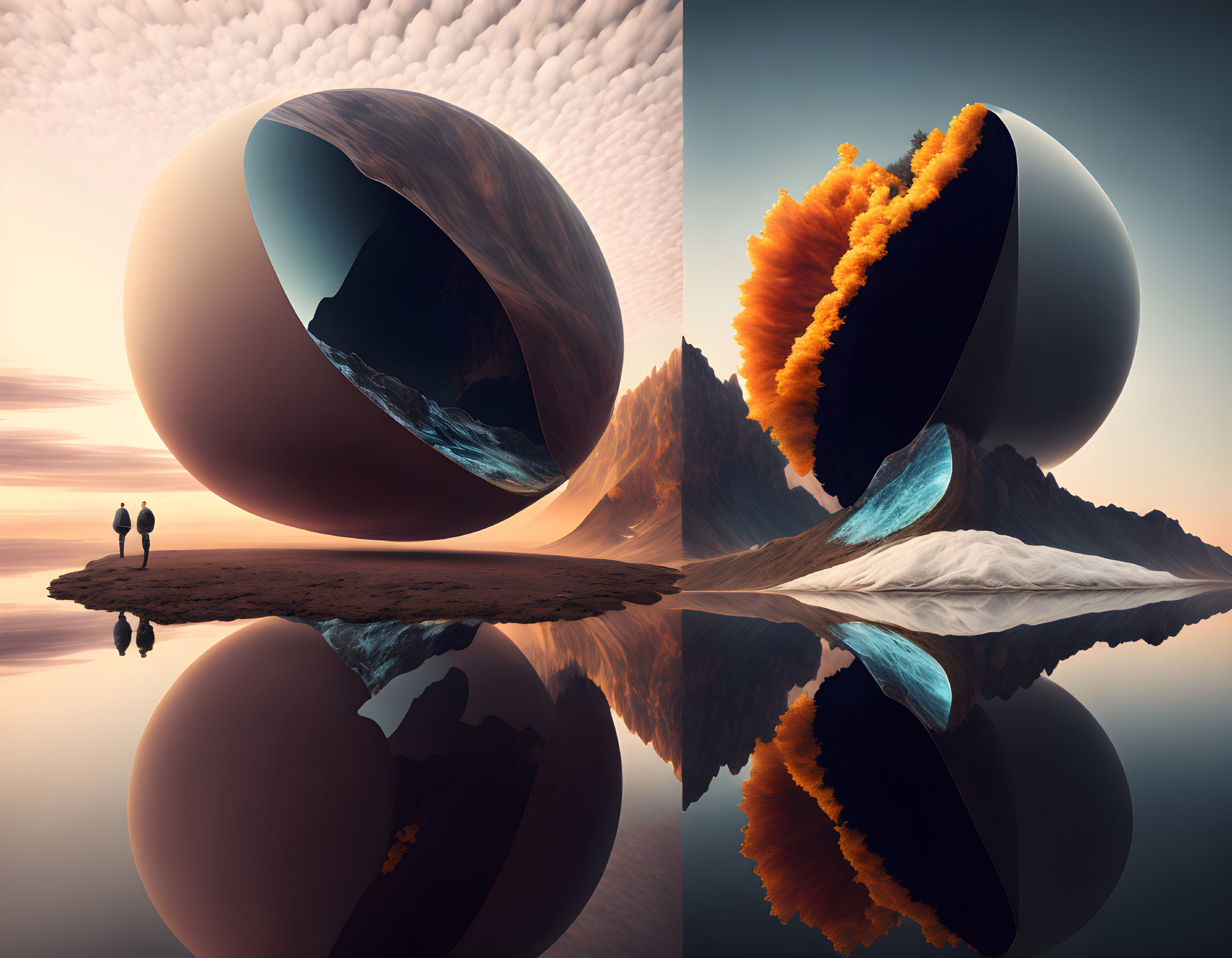 Surreal artwork featuring two figures and a reflective sphere on a shore