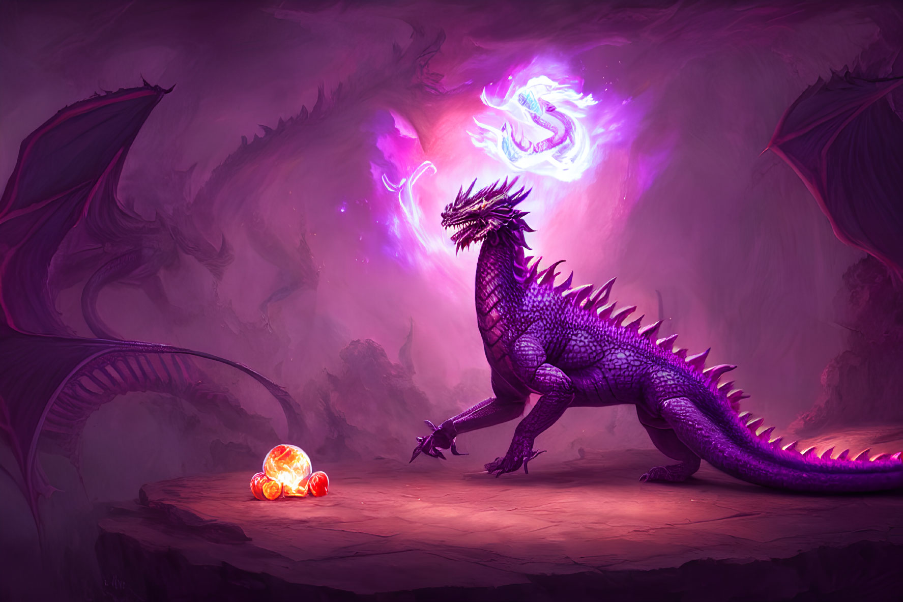 Purple dragon near glowing crystal with magical energy in mystical cavern