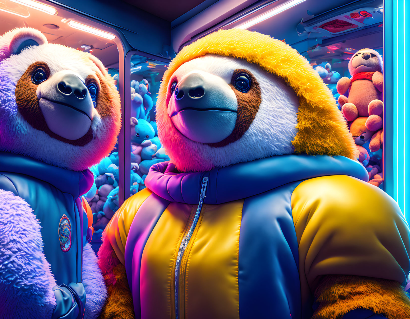 Colorful anthropomorphic sloth characters in vibrant jackets by neon-lit claw machine.