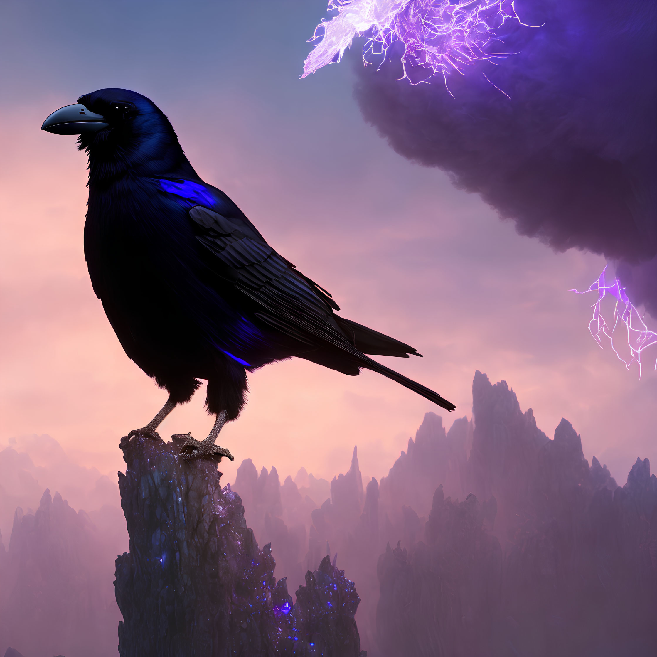Crow perched on craggy peak under purple skies with lightning.