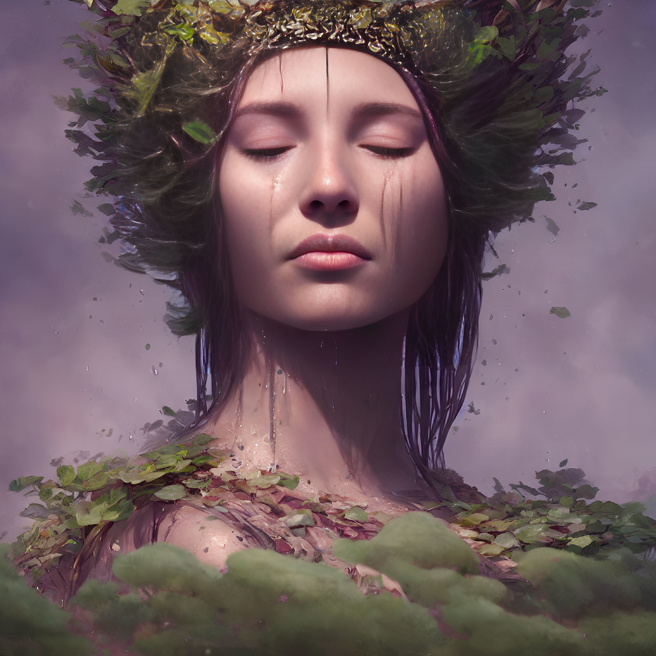 Mystical woman with leafy crown and nature aura