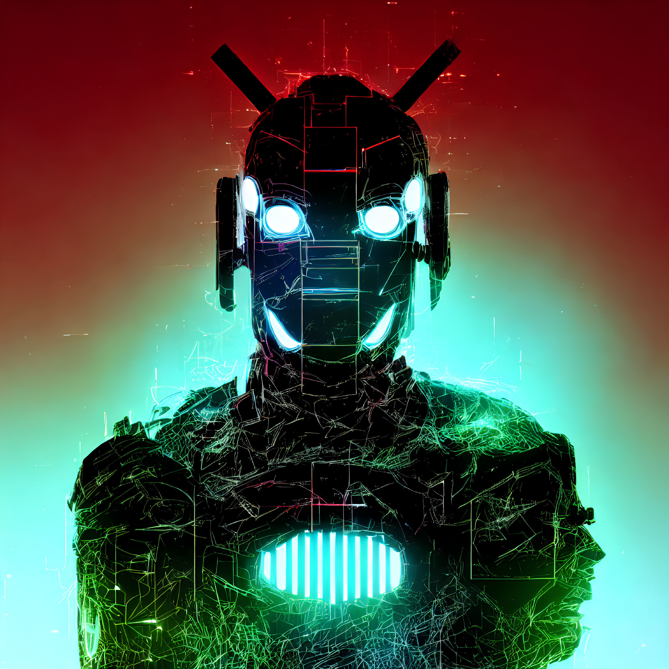 Futuristic Robot with Glowing Eyes on Red and Green Gradient Background