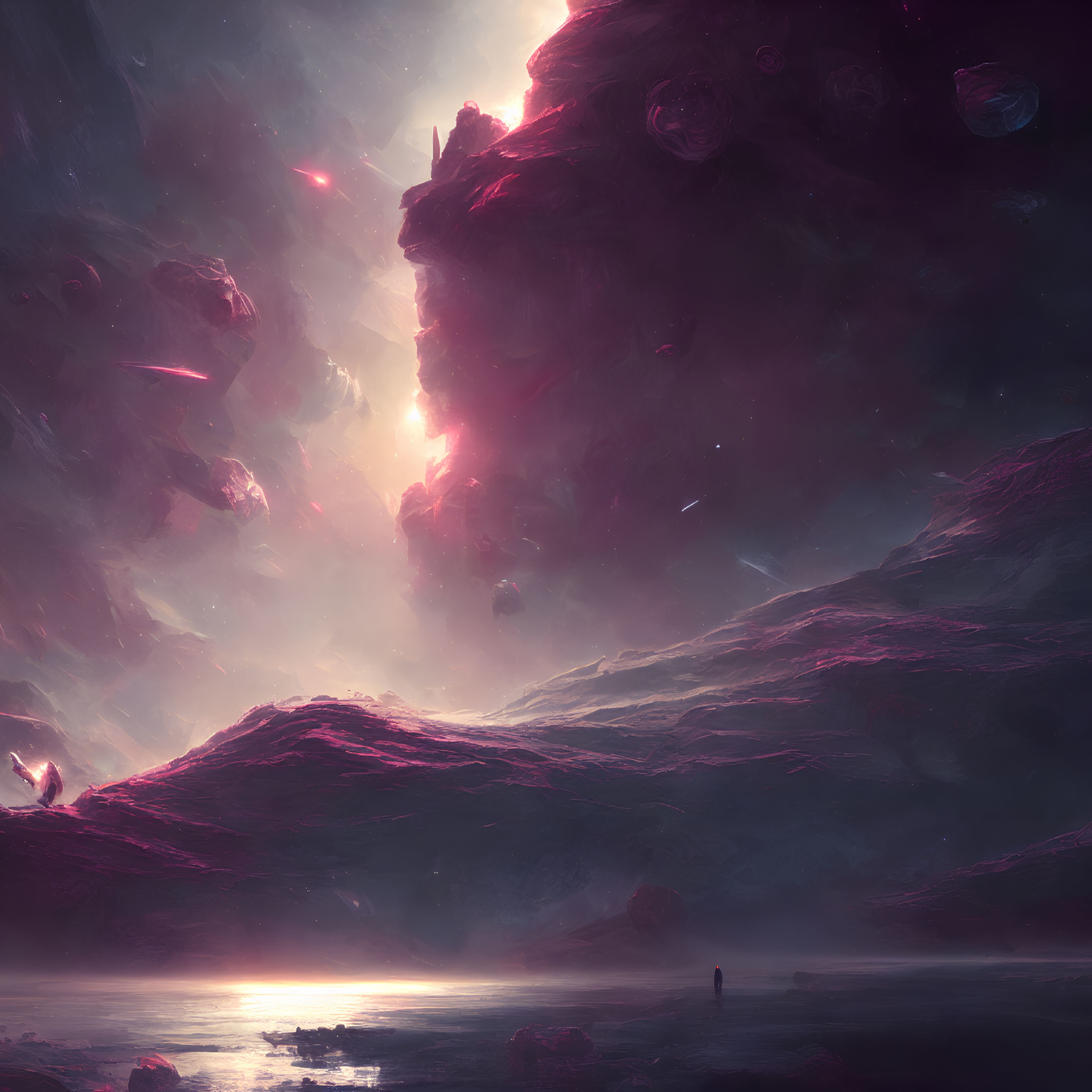 Mystical landscape with towering rock formations and glowing pink sky
