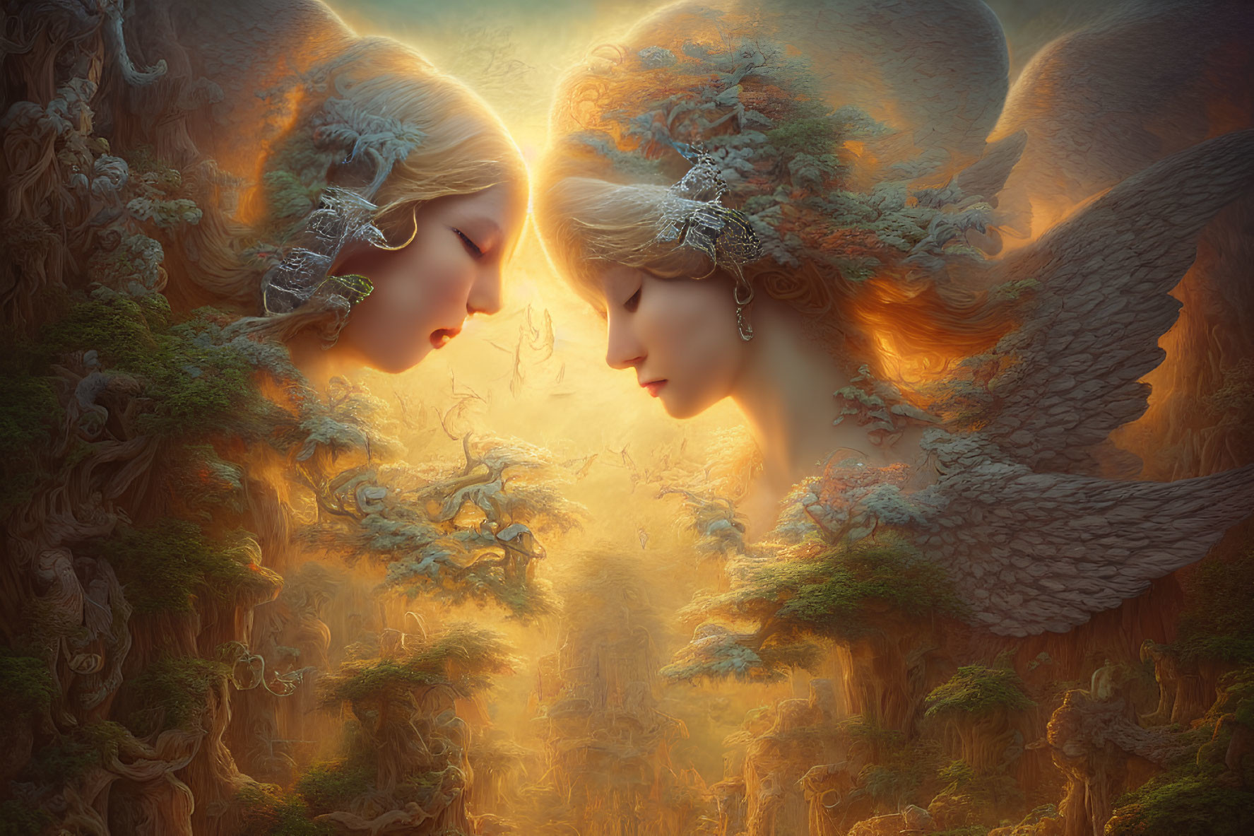 Ethereal beings with ornate headdresses and wings in mystical forest