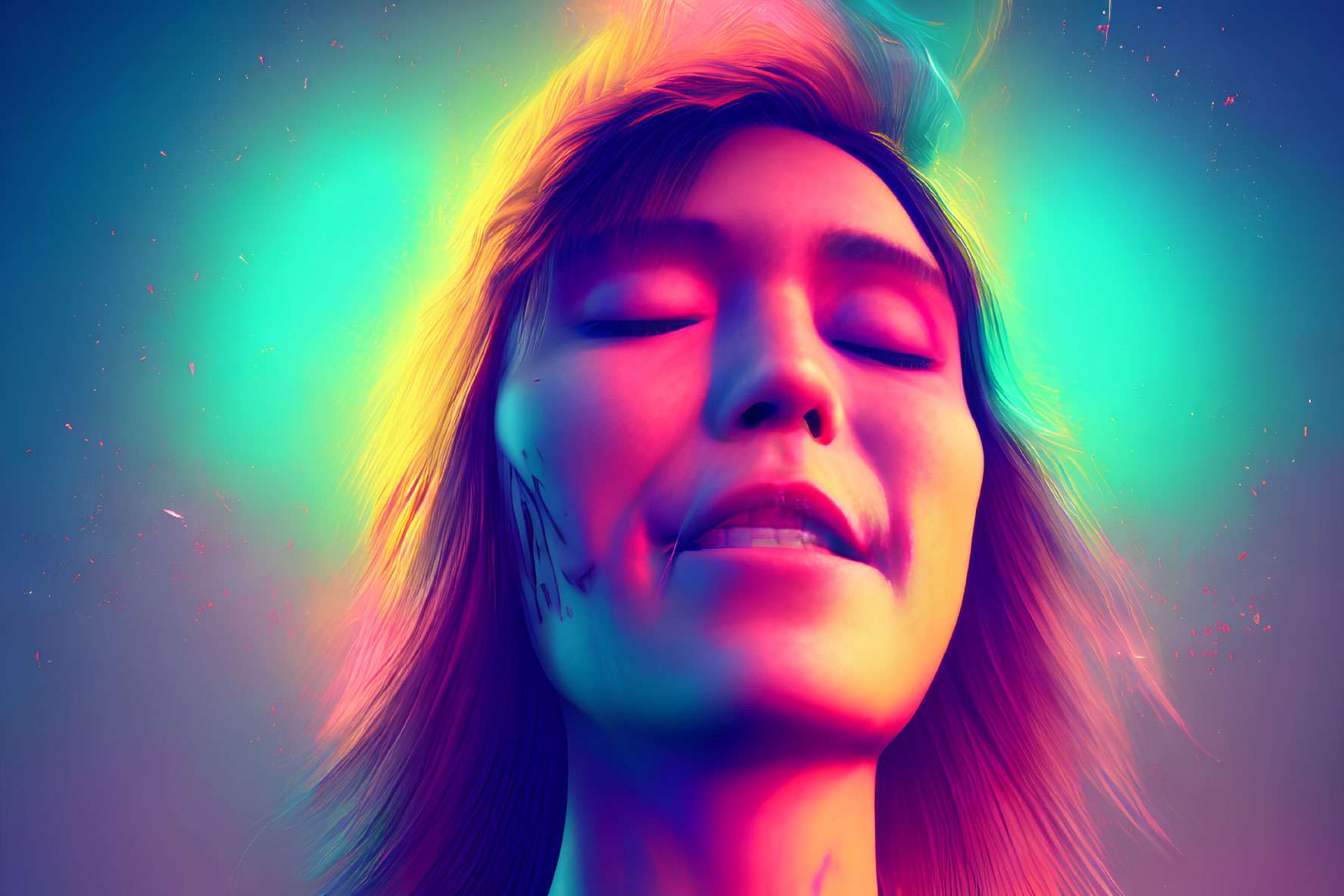Woman bathed in vibrant neon pink and blue lights with closed eyes