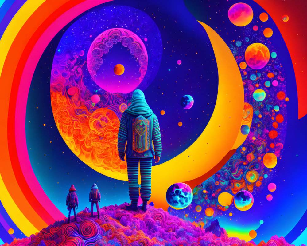 Colorful Cosmic Illustration: Astronaut in Surreal Space Landscape